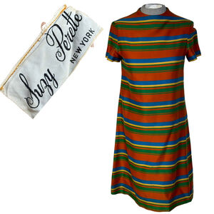 Vintage Suzy Perette Dress Women’s XS-S Orange Green Blue Striped Back Zip Midi